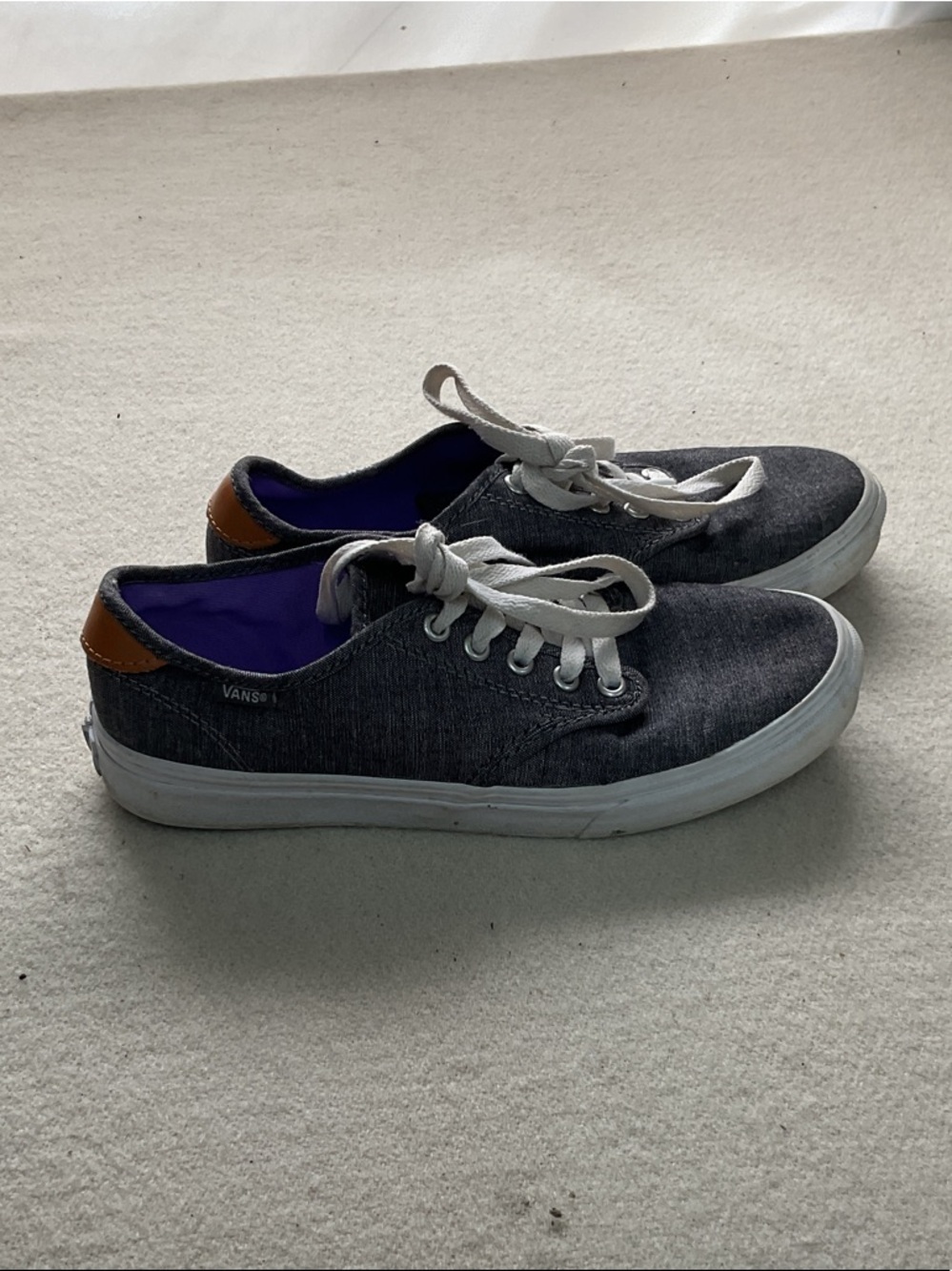 Vans Dark Gray Canvas Low-Top Sneakers with White Laces and Brown Heel Tab - Picture 2 of 4